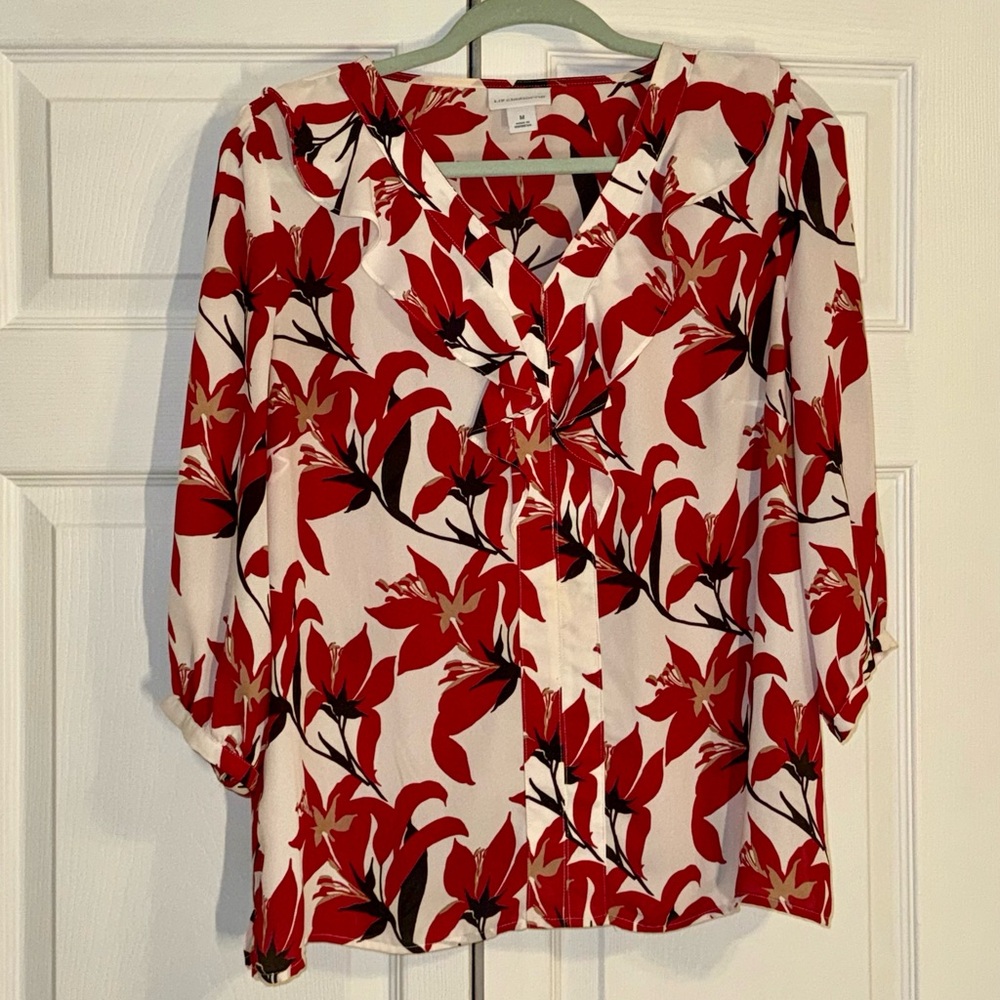 Liz Claiborne Medium Floral Red & Black Semi-shear Women's Blouse